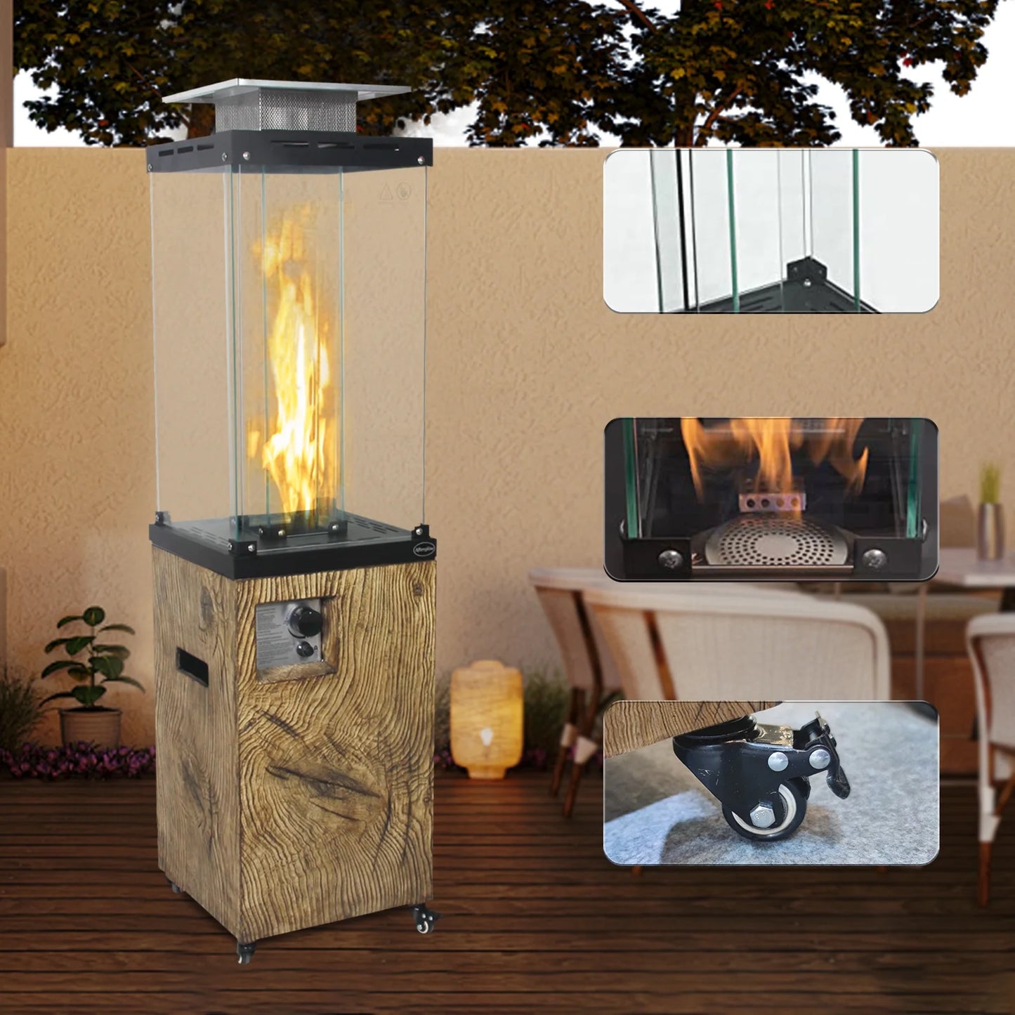 Glass Top + Terrafab Base Fire Heater Internal Gas Tank KD Column