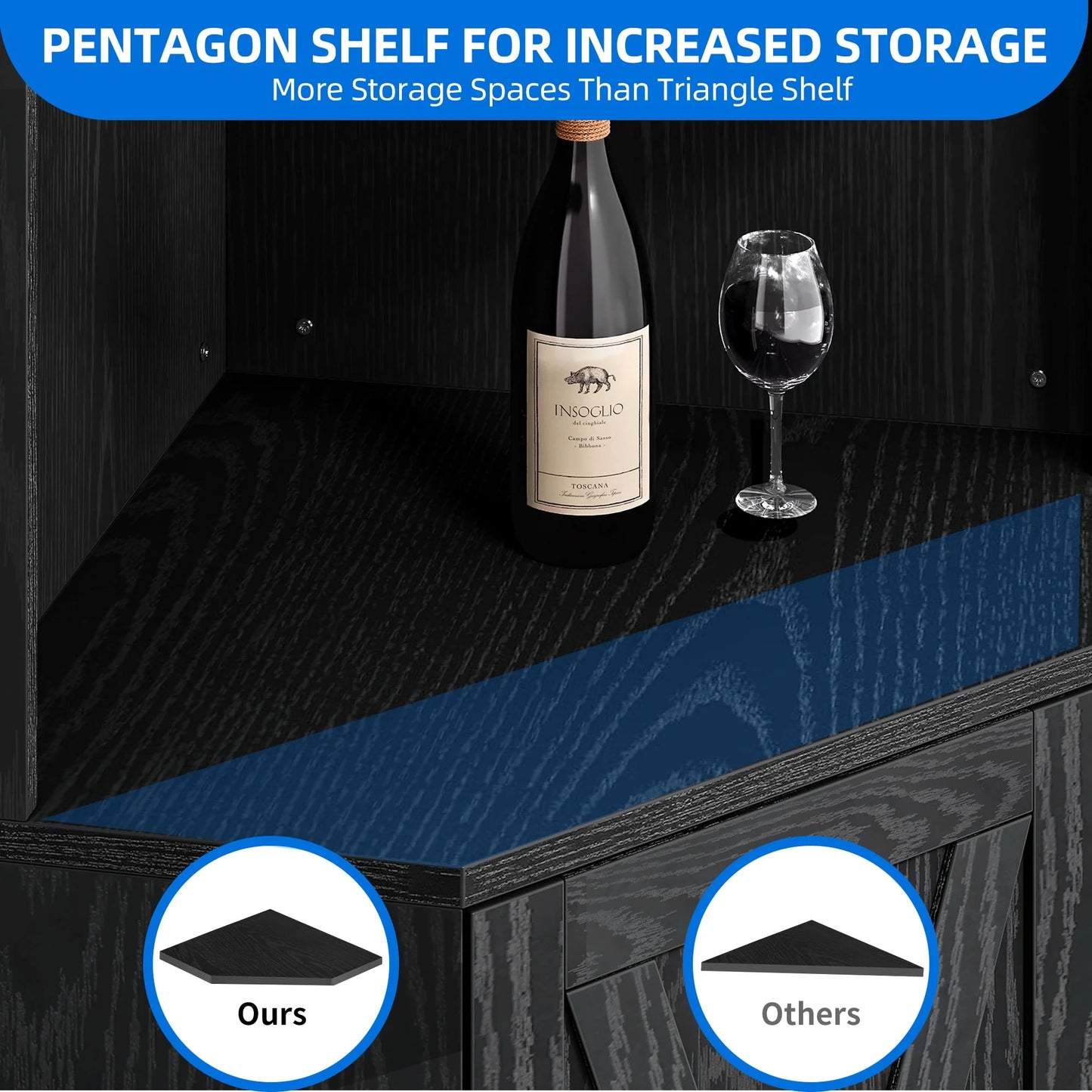 Dextrus 67" Corner Bar Cabinet with LED Lights, Wine Glass Holder & Storage Shelves, Black
