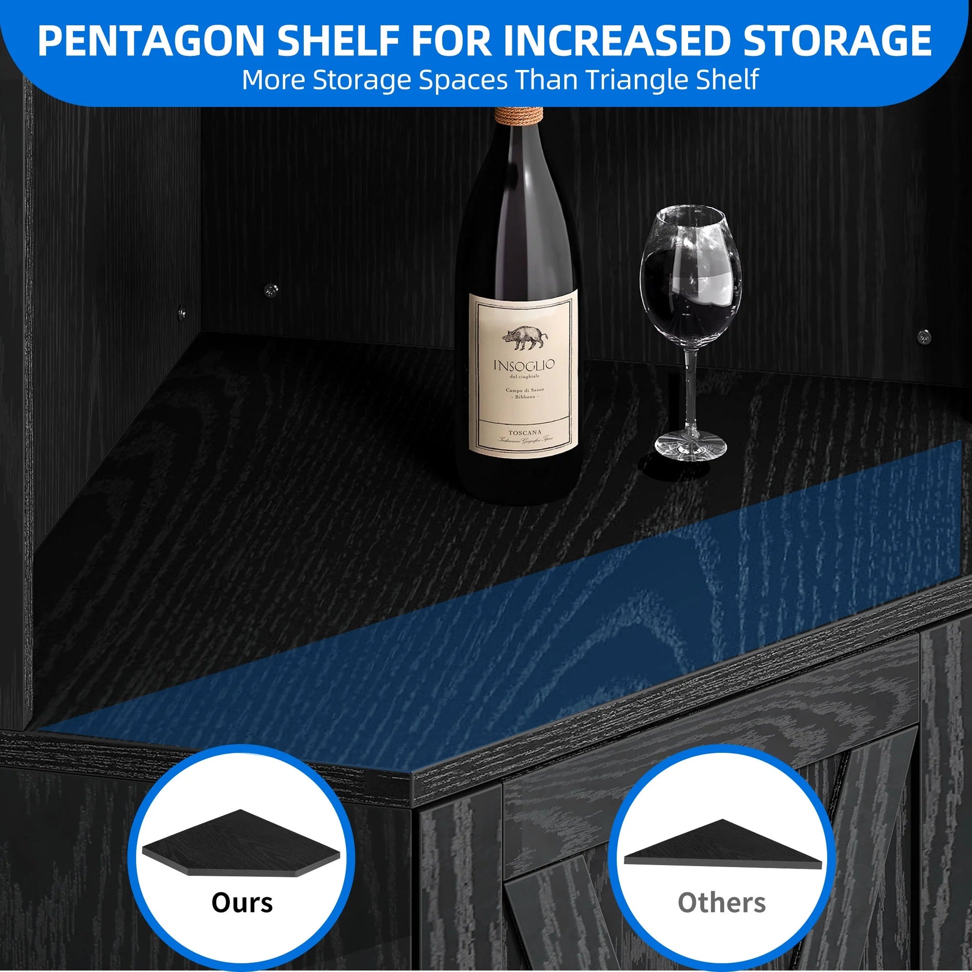 Dextrus 67" Corner Bar Cabinet with LED Lights, Wine Glass Holder & Storage Shelves, Black
