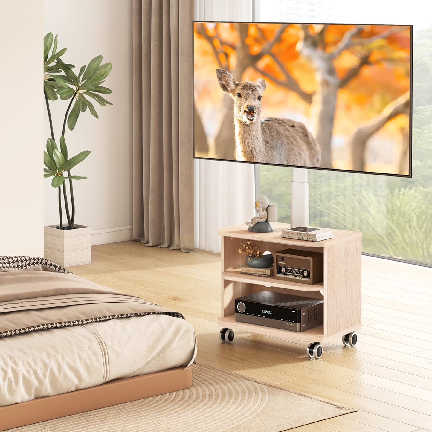 RTVR Modern 3-in-1 Flat Panel TV Stand for TVs up to 75 inch, Black Glass Shelves Table with Swivel Mount