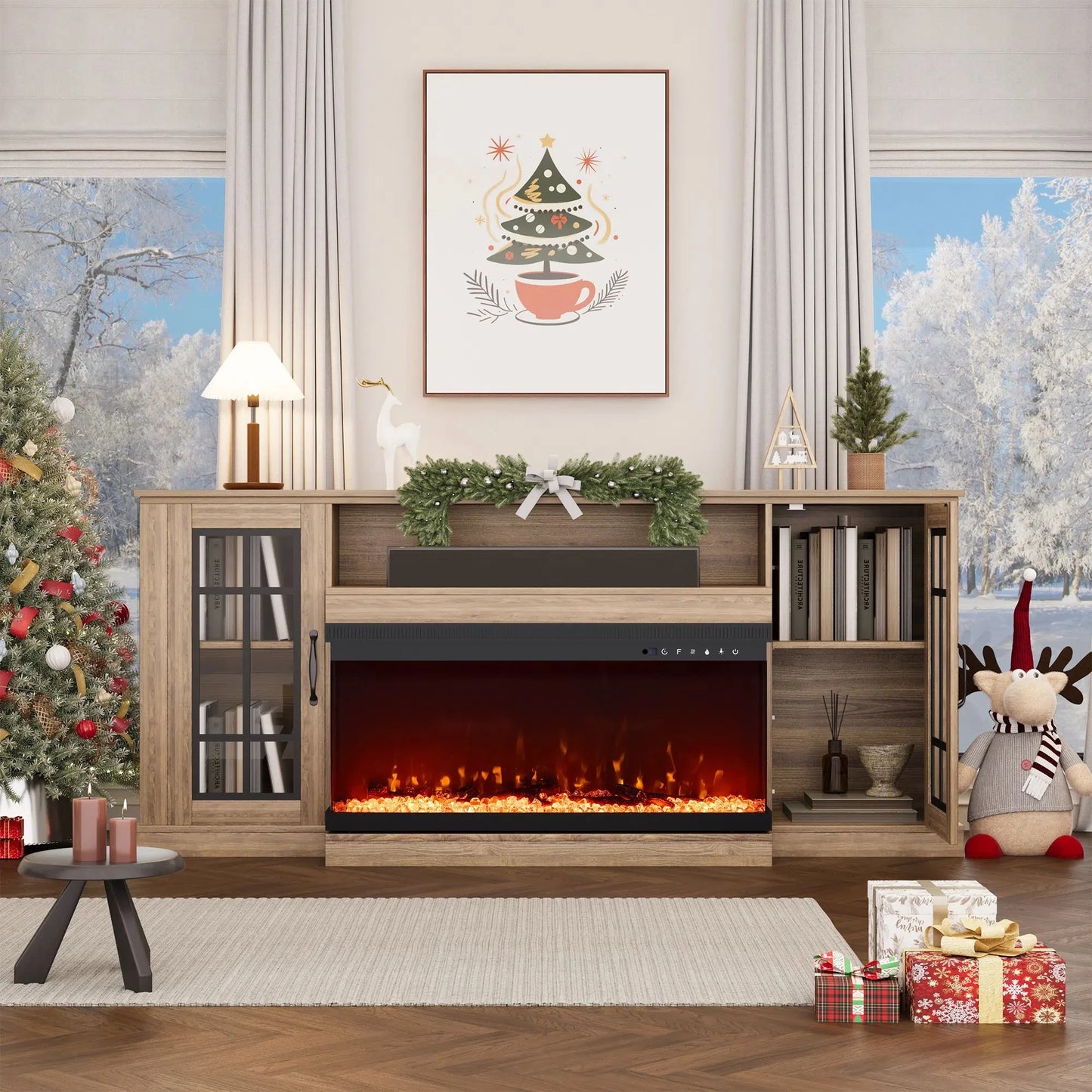 MELLCOM 70" 3 Sided Glass Fireplace TV Stand, Modern Media Console with Storage Side Cabinet, Fits TVs up to 80", Electric Fireplace TV StandWalnut Color