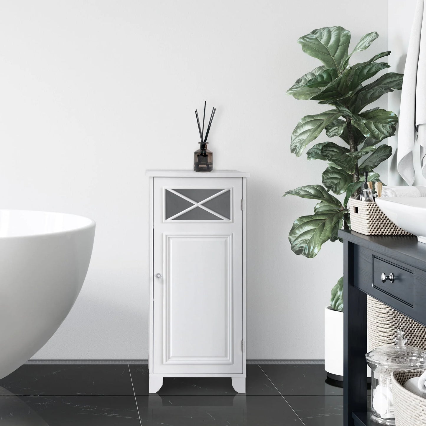 Teamson Home Dawson Freestanding Floor Storage Accent Cabinet with Decorative Glass Panel, White