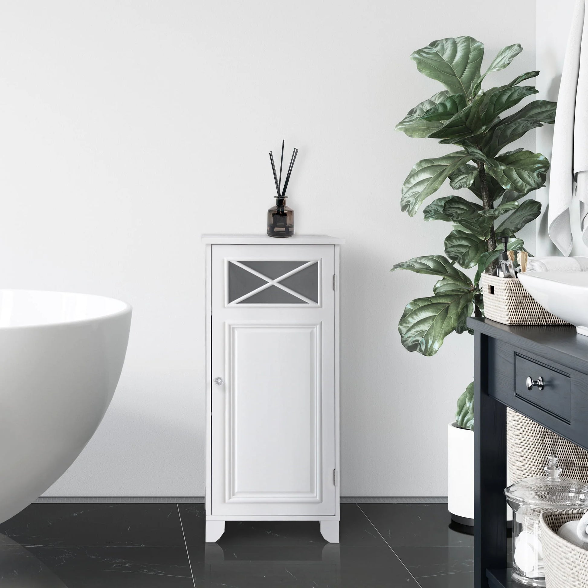 Teamson Home Dawson Freestanding Floor Storage Accent Cabinet with Decorative Glass Panel, White