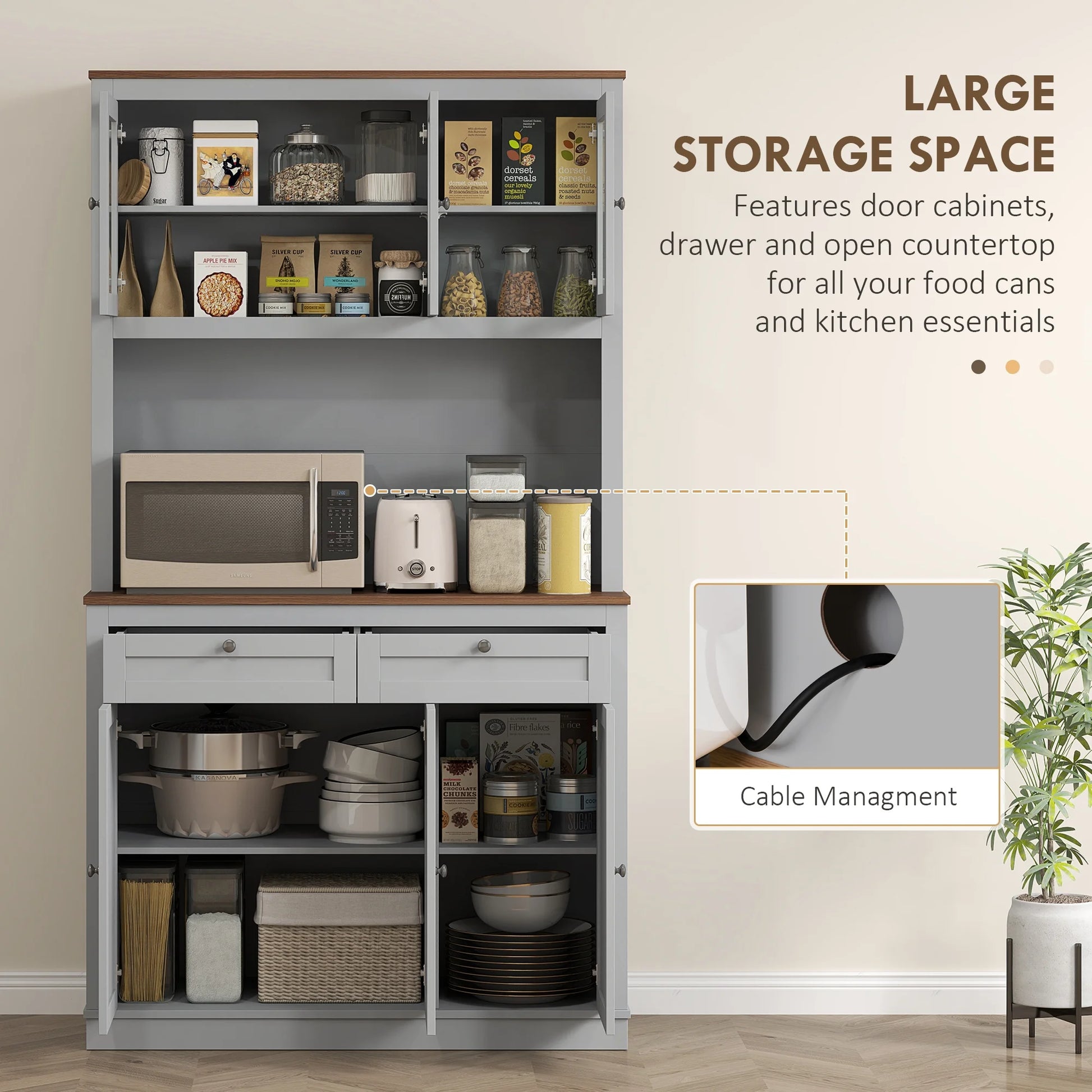 HOMCOM 71" Tall Kitchen Pantry Storage Cabinet with 2 Drawers, Microwave Cabinet with Adjustable Shelves and Glass Doors, Gray