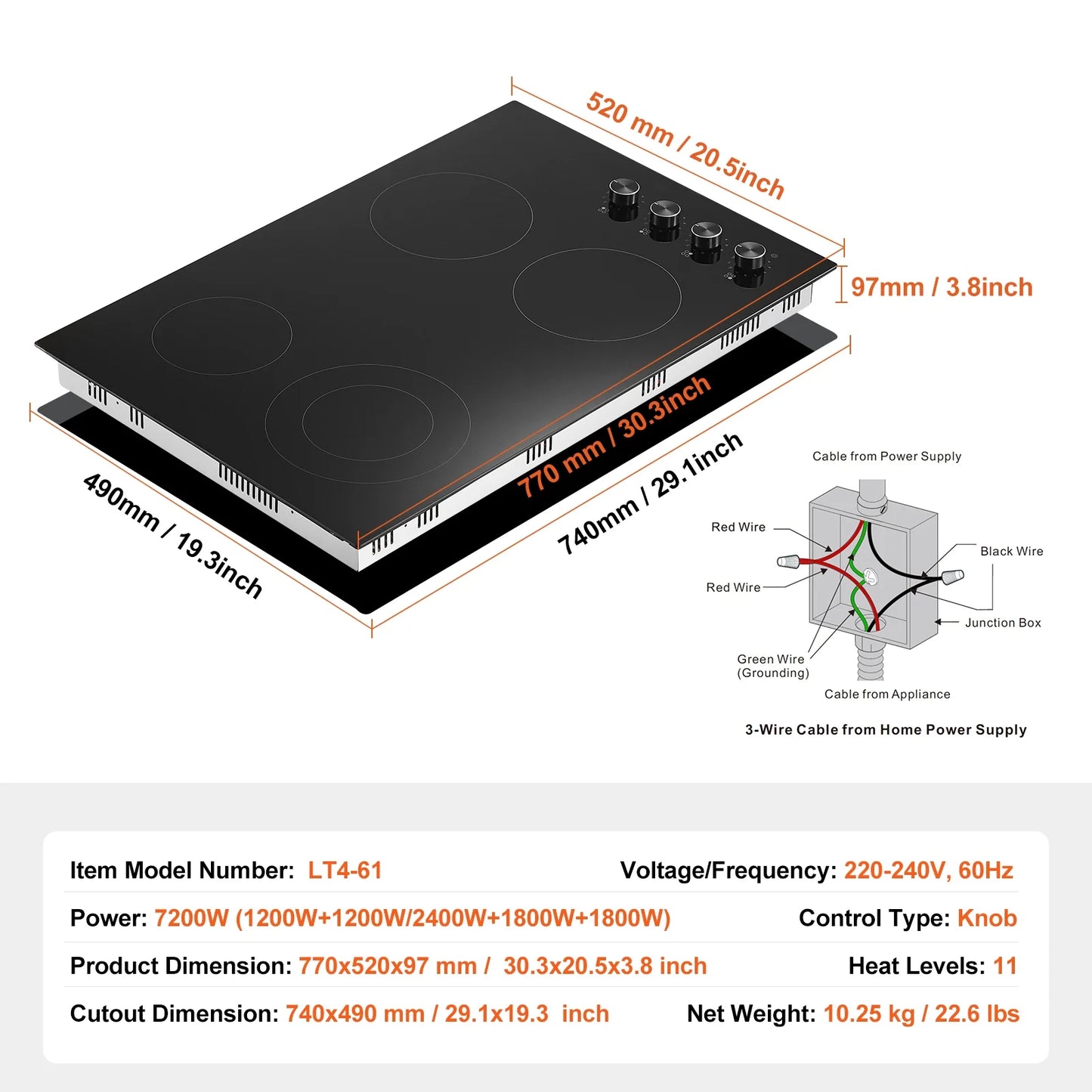 KFFKFF Built-in 4 Burner Electric Cooktop, 7200W Electric Range, 30" Electric Cooktop with Glass Surface, Knob Control, 11 Temperature Settings, 220-240V, Direct Wiring Required