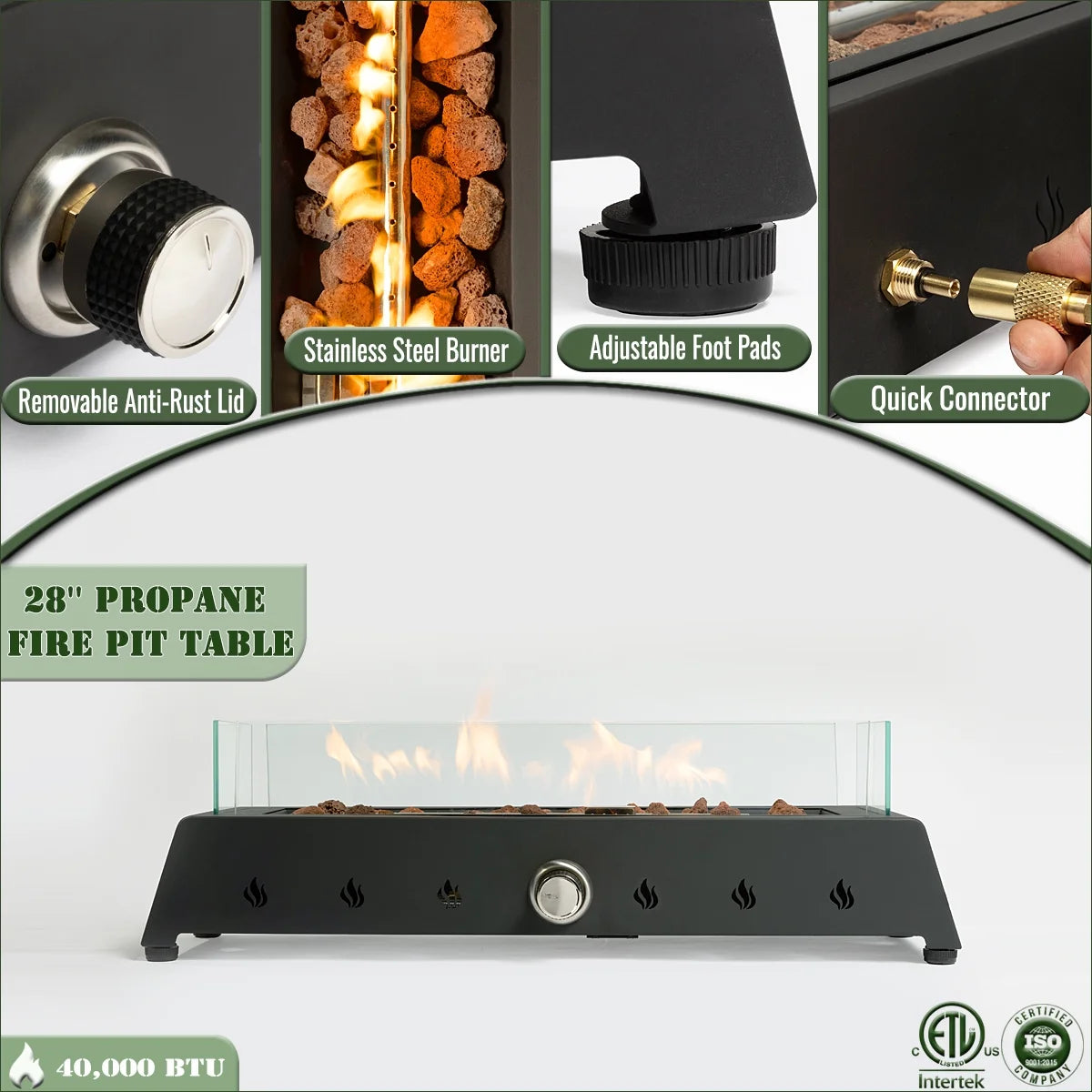 AJ Enjoy 40,000 BTU Tabletop Propane Fire Pit, 28'' Outdoor Rectangle Steel Fireplace with Wind Glass Shield, Laval Rocks