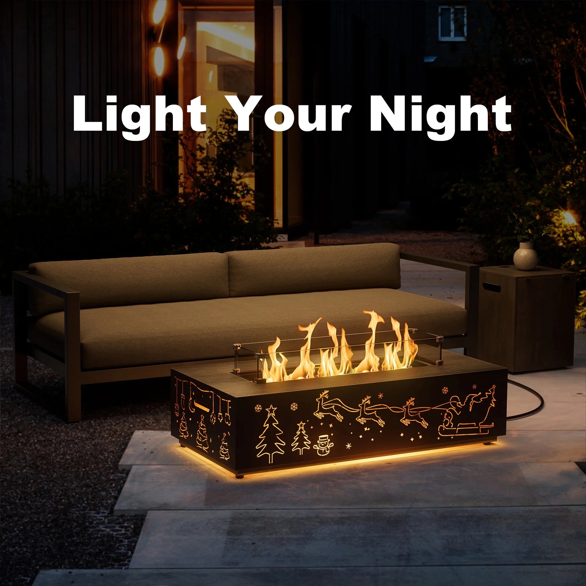 Evita 42" Propane Fire Pits for Outdoor 50,000 BTU Gas Fire Pit Table with Lid ,Glass stone,Windguard Glass,Tank Cover,LED Light Strip