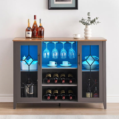 FOLDLIFE Wine Bar Cabinet with LED Lights, Liquor Cabinet Bar with Storage Cabinet, Coffee Cabinet with Bottles and Glass Rack, Buffet Sideboard with Storage Cabinet& Drawers,Dark Grey