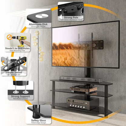 RTVR Modern 3-in-1 Flat Panel TV Stand for TVs up to 75 inch, Black Glass Shelves Table with Swivel Mount