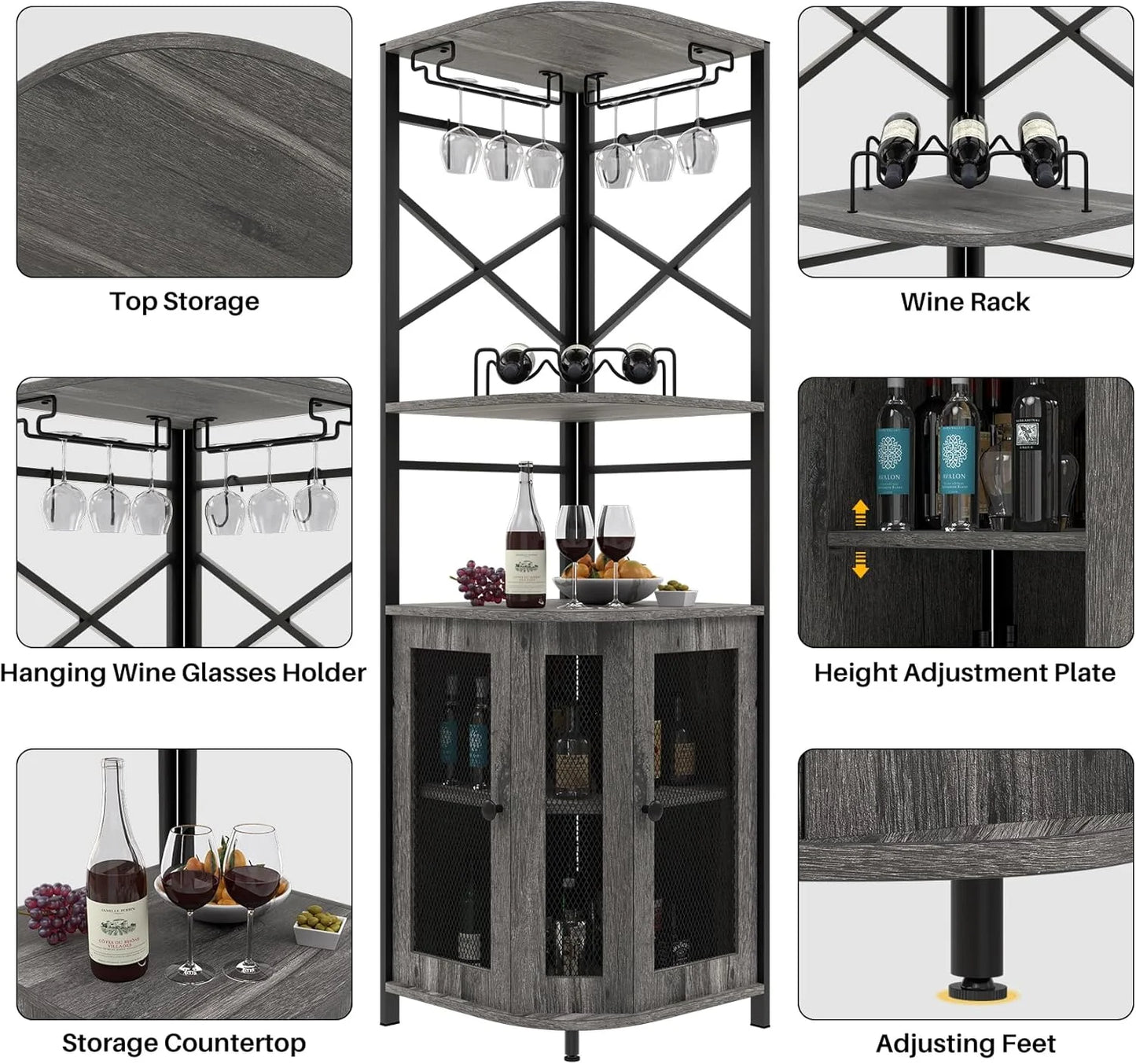 Frmobepts 6 Tier Corner Bar Cabinet with Glass Holder, Storage Cabinet with Door and Shelves , Corner Shelf with Wine Rack Display Shelves,Grey