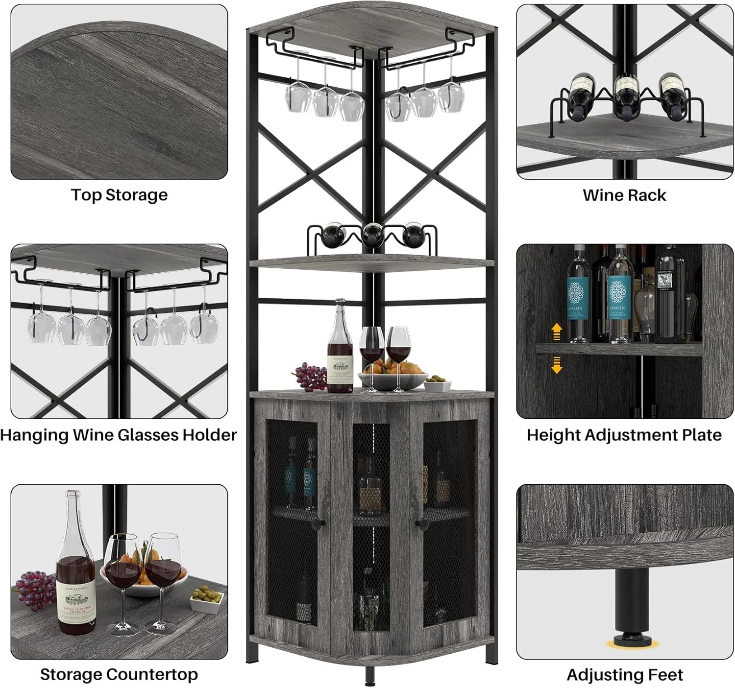 Frmobepts 6 Tier Corner Bar Cabinet with Glass Holder, Storage Cabinet with Door and Shelves , Corner Shelf with Wine Rack Display Shelves,Grey