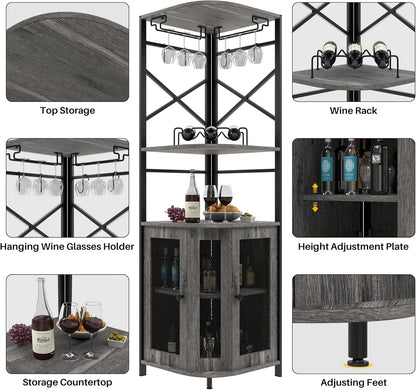 Frmobepts 6 Tier Corner Bar Cabinet with Glass Holder, Storage Cabinet with Door and Shelves , Corner Shelf with Wine Rack Display Shelves,Grey