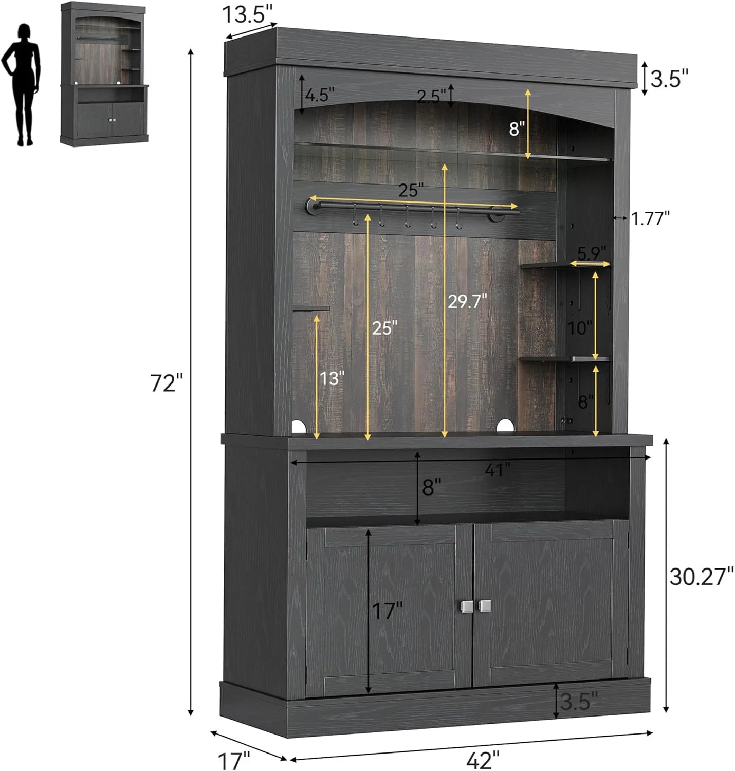 Homhougo Coffee Bar Cabinet with LED Lights, 72" Tall Buffet Cabinet with Storage, Farmhouse Kitchen Sideboard, Microwave Stand, Wine Rack, Glass Shelf, Kitchen & Dining Room Furniture, Dark Oak