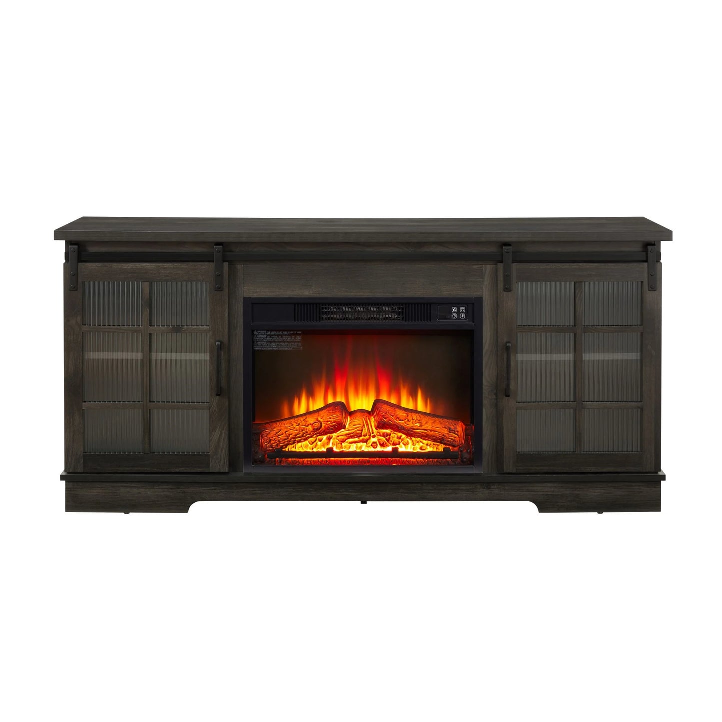 IMKHK TV Stand with Remote Control Fireplace, Media Entertainment Center for TVs up to 70", Farmhouse TV Console Table with Sliding Glass Doors and 2 Storage Cabinets for Living Room, Charcoal Gray