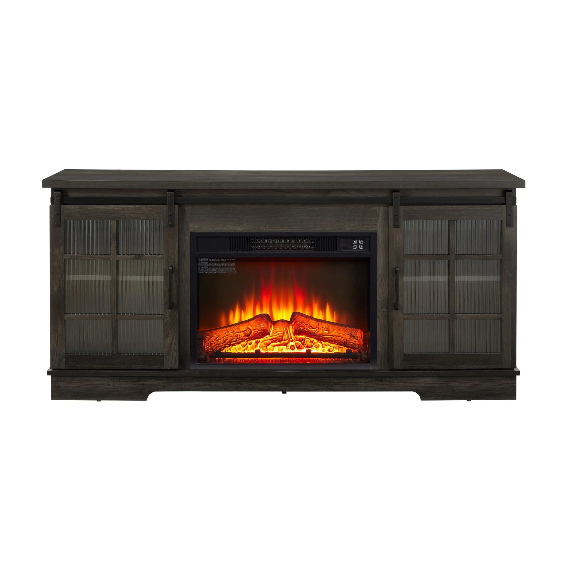 IMKHK TV Stand with Remote Control Fireplace, Media Entertainment Center for TVs up to 70", Farmhouse TV Console Table with Sliding Glass Doors and 2 Storage Cabinets for Living Room, Charcoal Gray