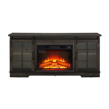 IMKHK TV Stand with Remote Control Fireplace, Media Entertainment Center for TVs up to 70", Farmhouse TV Console Table with Sliding Glass Doors and 2 Storage Cabinets for Living Room, Charcoal Gray