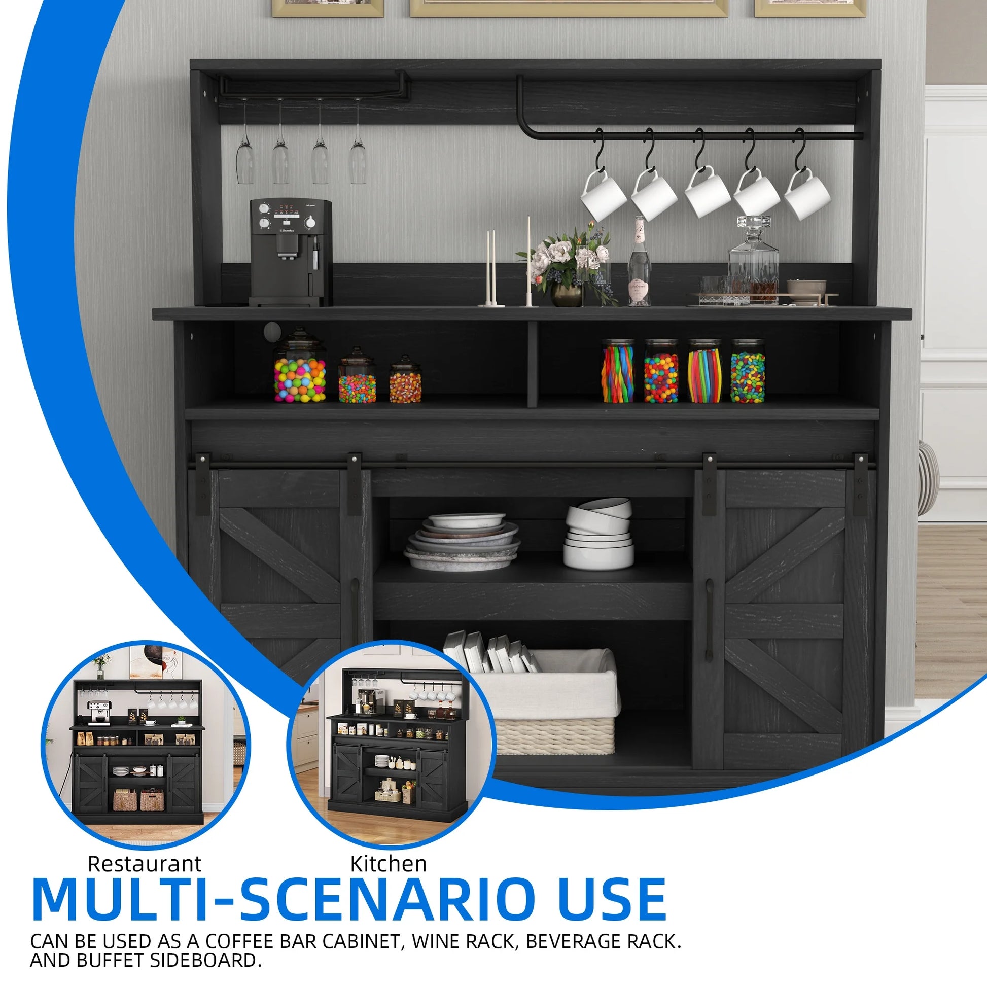 Dextrus 47" Farmhouse Coffee Bar Cabinet,Buffet Cabinets with Power Socket, Wine Glass Rack, Barn Door for Kitchen Black
