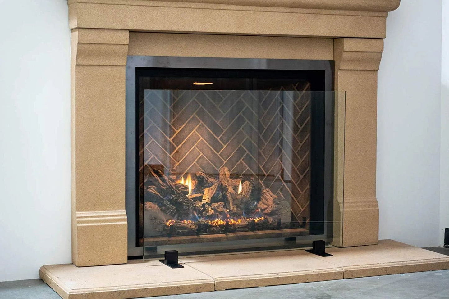 AMS Fireplace | Frameless Glass Fireplace Screen with Stainless Steel Feet | Small (36" x 26") - (Clear Glass, Stainless Steel Feet) - Made in USA