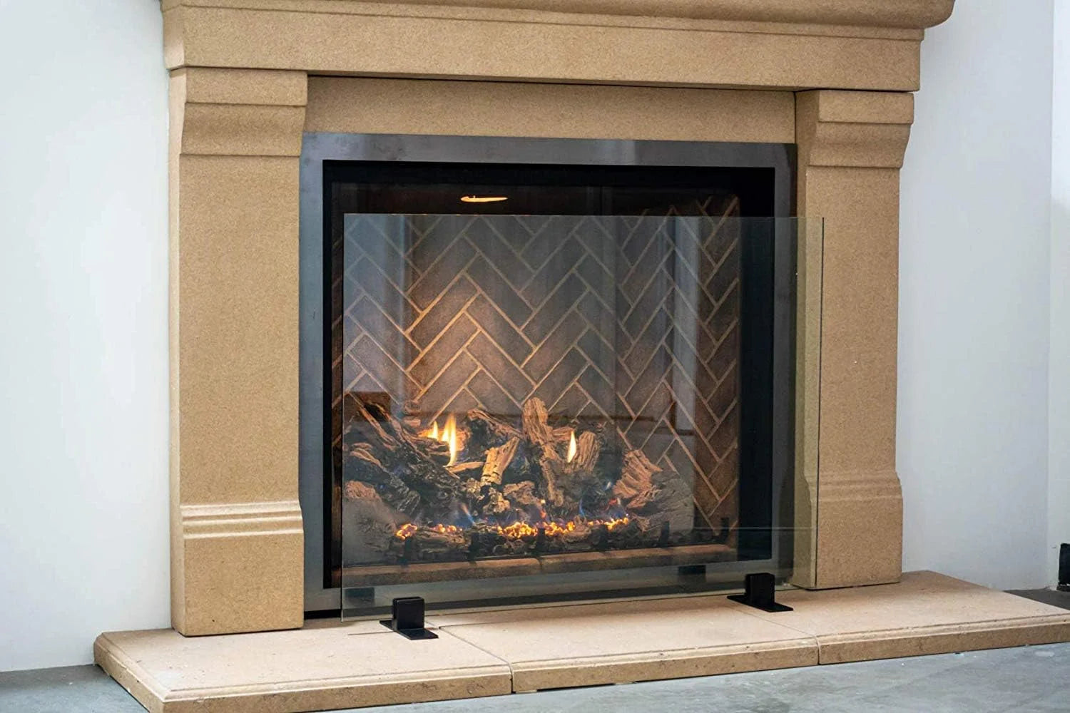 AMS Fireplace | Frameless Glass Fireplace Screen with Stainless Steel Feet | Small (36" x 26") - (Clear Glass, Stainless Steel Feet) - Made in USA