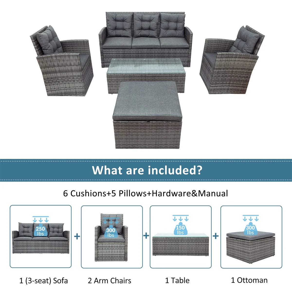5 Piece Patio Furniture Sets, Outdoor Conversation Sets with Glass Coffee Table, Wicker Rattan Sectional Sofa Couch with Storage Bench, Ottomans & Cushions for Garden, Pool, Backyard, Gray