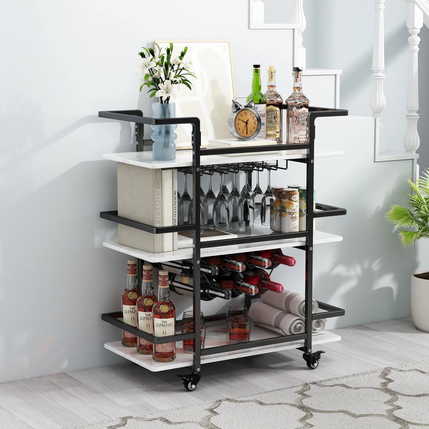 BENOSS 3-Tier Home Bar Cart with Wine Rack and Glass Cup Storage, Mobile Serving Wine Cart on Wheels, Modern Drink Trolley for Coffee Tea Wine, Beverage Bar Table for Home Kitchen Party, Black