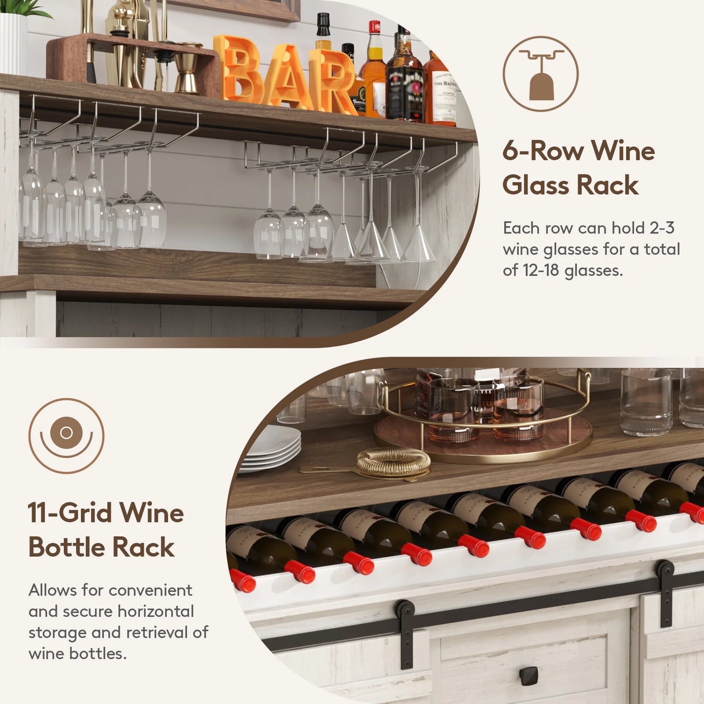 Lifewit Farmhouse Wine Bar Cabinet with Sliding Bar Door and Led Lights, Sideboard with 2 Layers Tabletops, Wine and Glass Racks, 2 Storage Cabinets with Adjustable Shelf, 3 Drawers, Rustic White