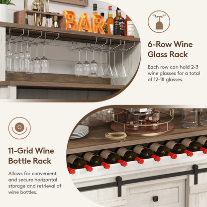 Lifewit Farmhouse Wine Bar Cabinet with Sliding Bar Door and Led Lights, Sideboard with 2 Layers Tabletops, Wine and Glass Racks, 2 Storage Cabinets with Adjustable Shelf, 3 Drawers, Rustic White