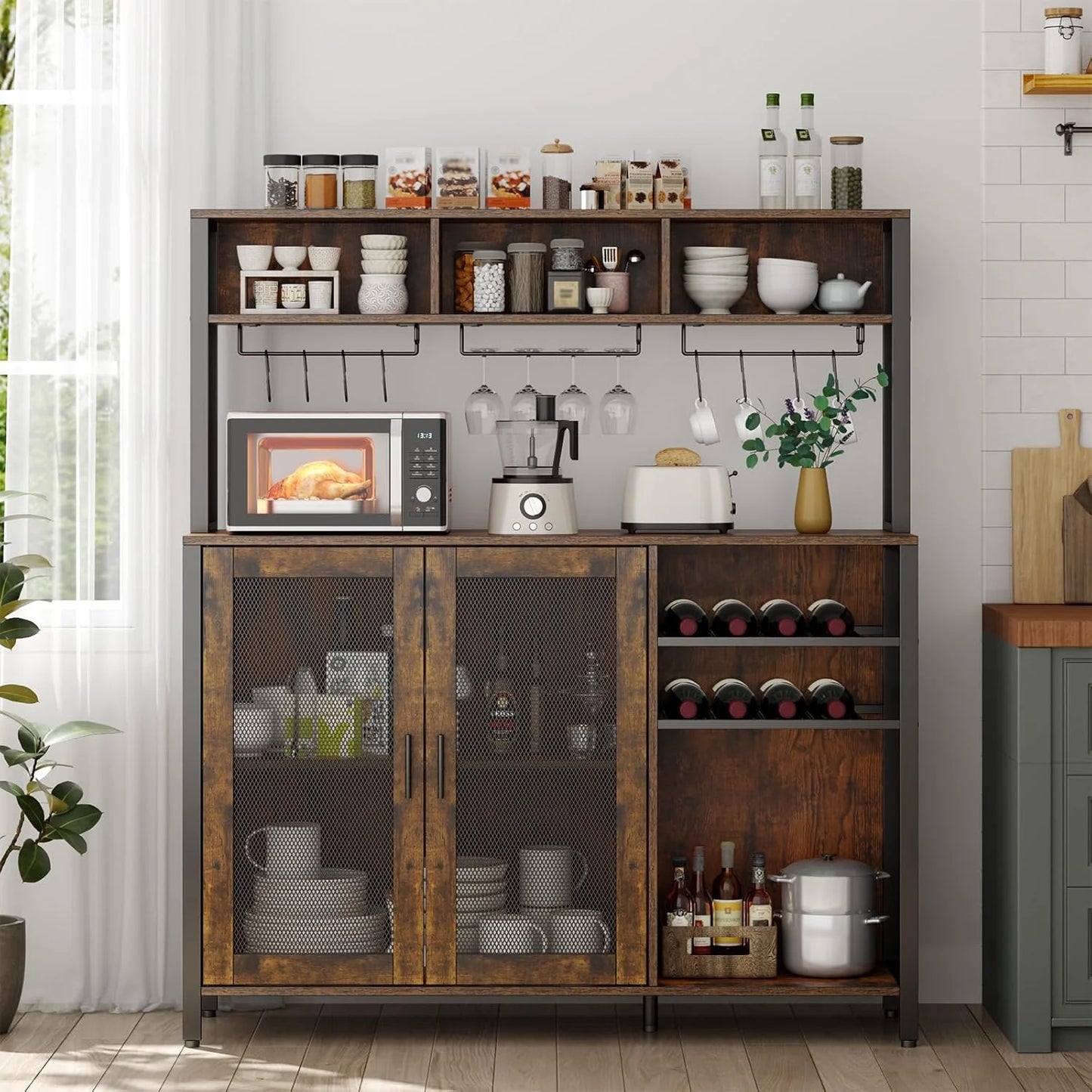 Wine Bar Cabinet with LED Lights, Rustic Brown Industrial Coffee Bar Station with Wine Rack, Glass Holder & 3 Storage Compartments, Liquor Buffet Sideboard for Kitchen & Dining Room