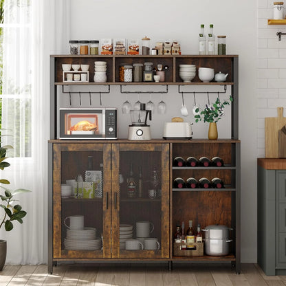 Wine Bar Cabinet with LED Lights, Rustic Brown Industrial Coffee Bar Station with Wine Rack, Glass Holder & 3 Storage Compartments, Liquor Buffet Sideboard for Kitchen & Dining Room