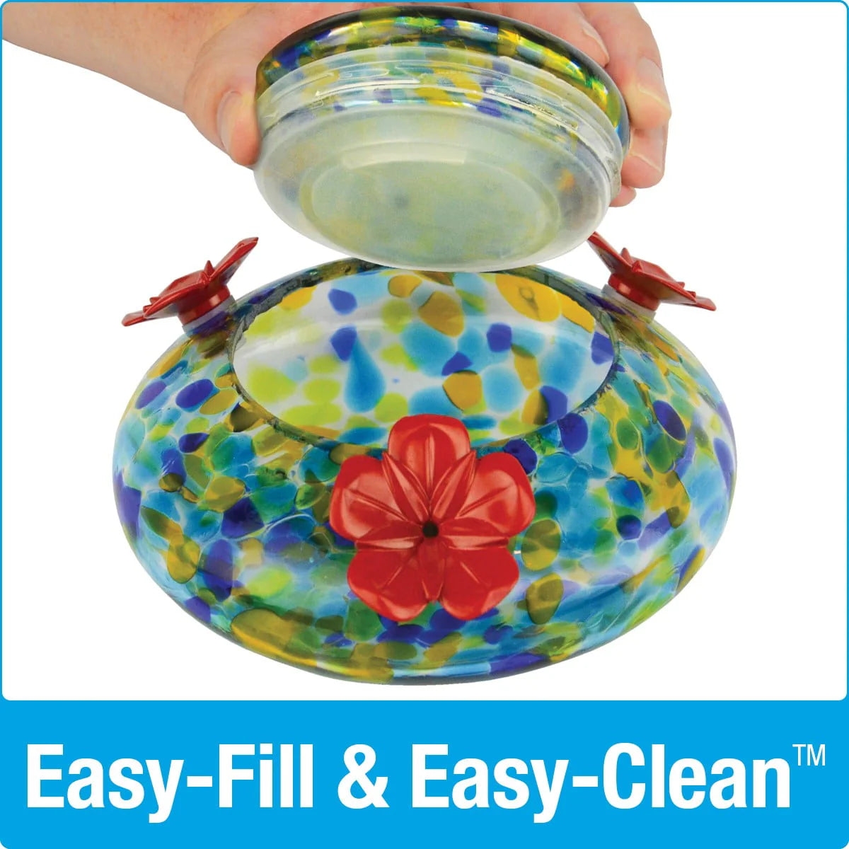 Wild Wings Artisan Glass Solar-Powered Illuminated Top Fill Hummingbird Feeder 16 oz, Blue Spring Rain
