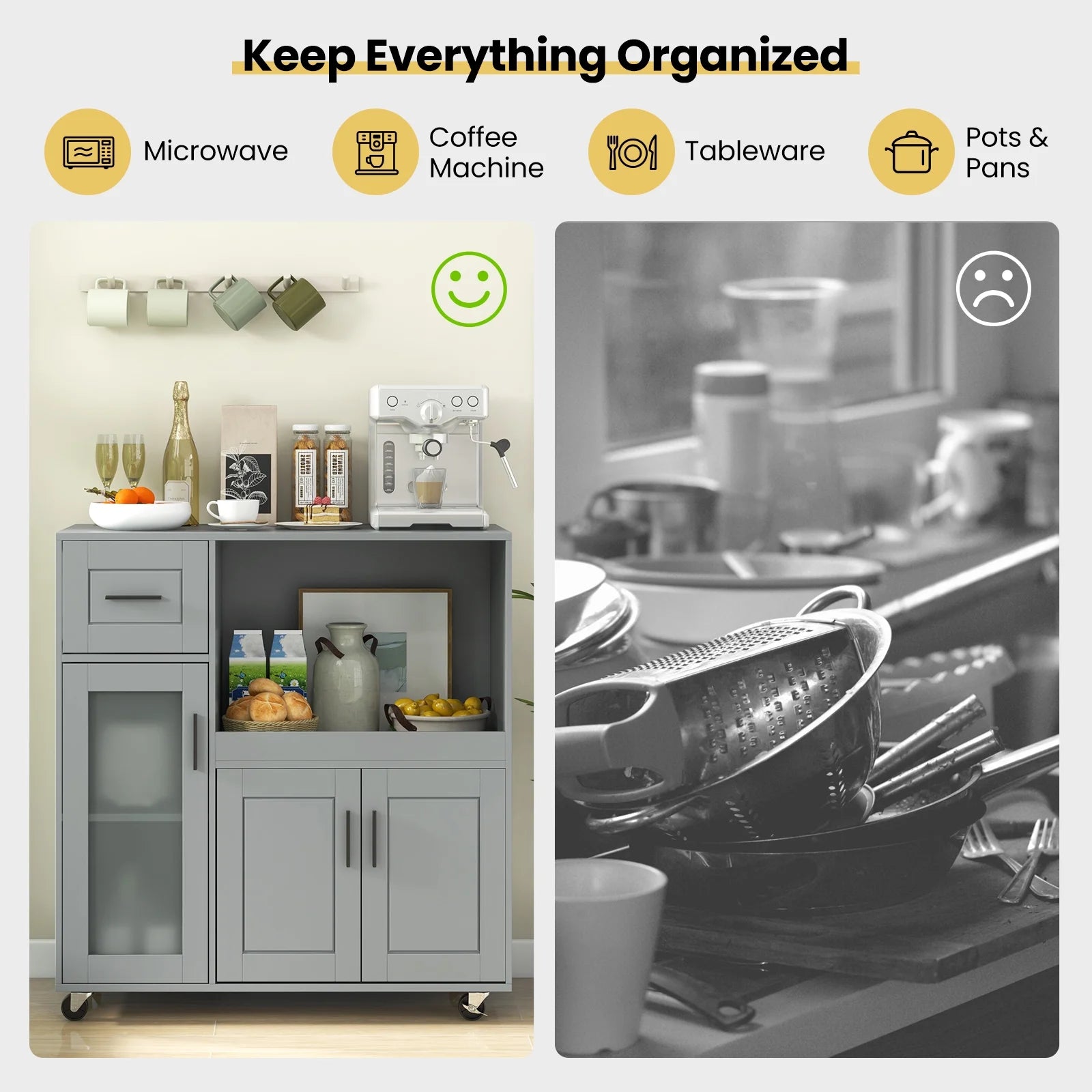 Topbuy Rolling Kitchen Island with Wheels Kitchen Cartwith Drawer and Glass Door Cabinet