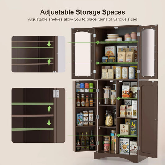Kitchen Cabinet, Lofka 64" Kitchen Pantry Storage Cabinet with Frosted Glass Doors and 14 Shelves, Dark Brown