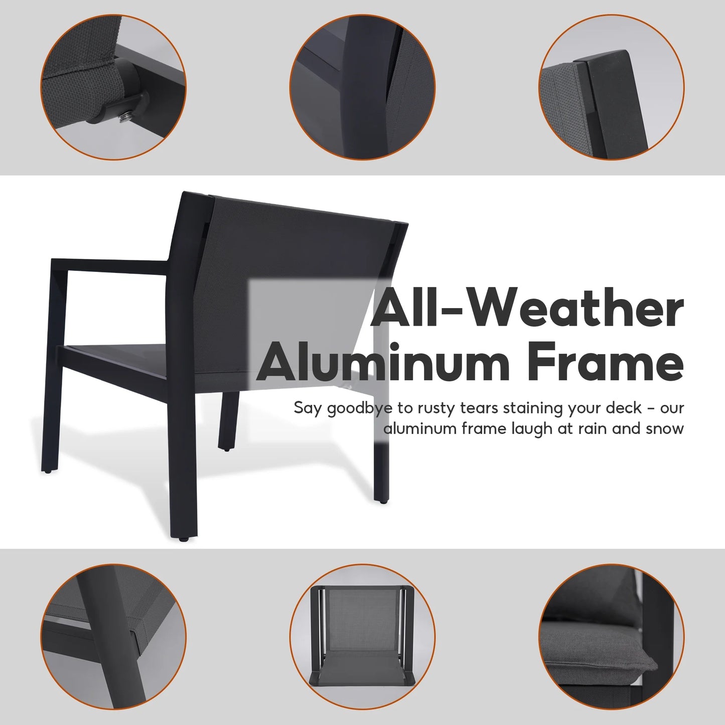 Letsout 4-Piece Aluminum Outdoor Conversation Sets with Detachable Cushions and Tempered Glass Table, Dark Grey/Gray
