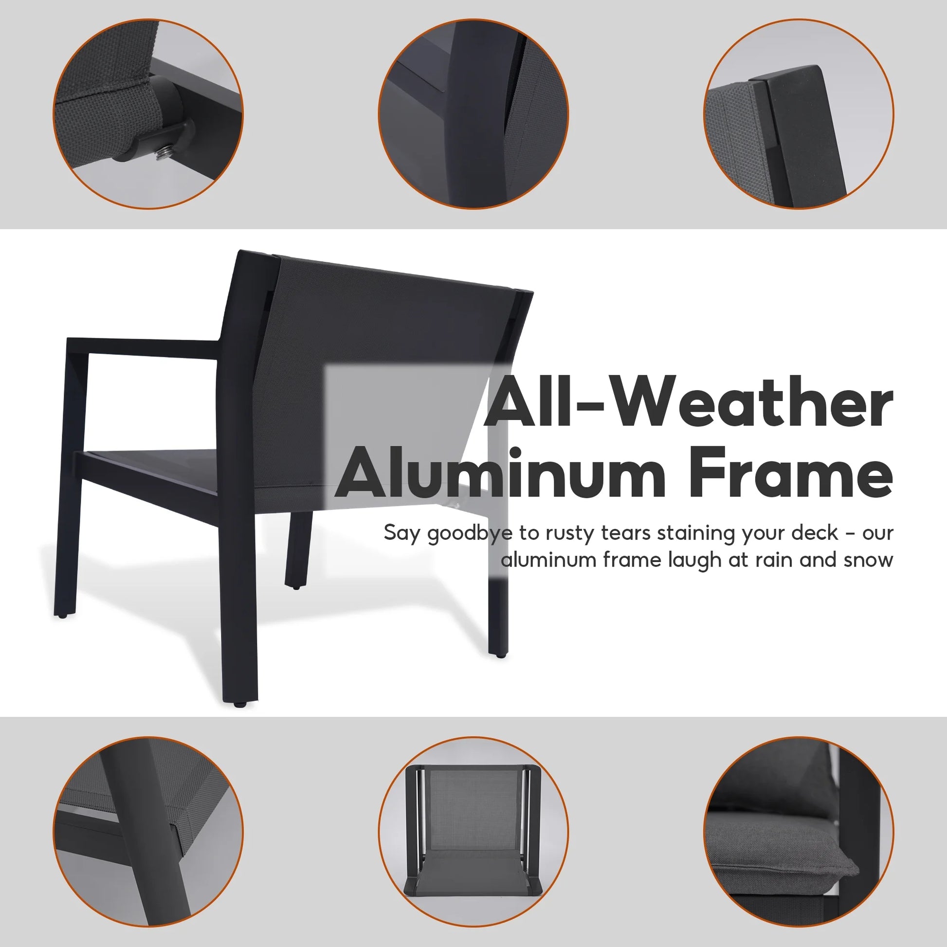 Letsout 4-Piece Aluminum Outdoor Conversation Sets with Detachable Cushions and Tempered Glass Table, Dark Grey/Gray