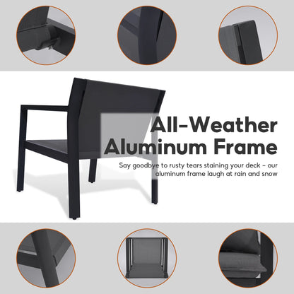 Letsout 4-Piece Aluminum Outdoor Conversation Sets with Detachable Cushions and Tempered Glass Table, Dark Grey/Gray