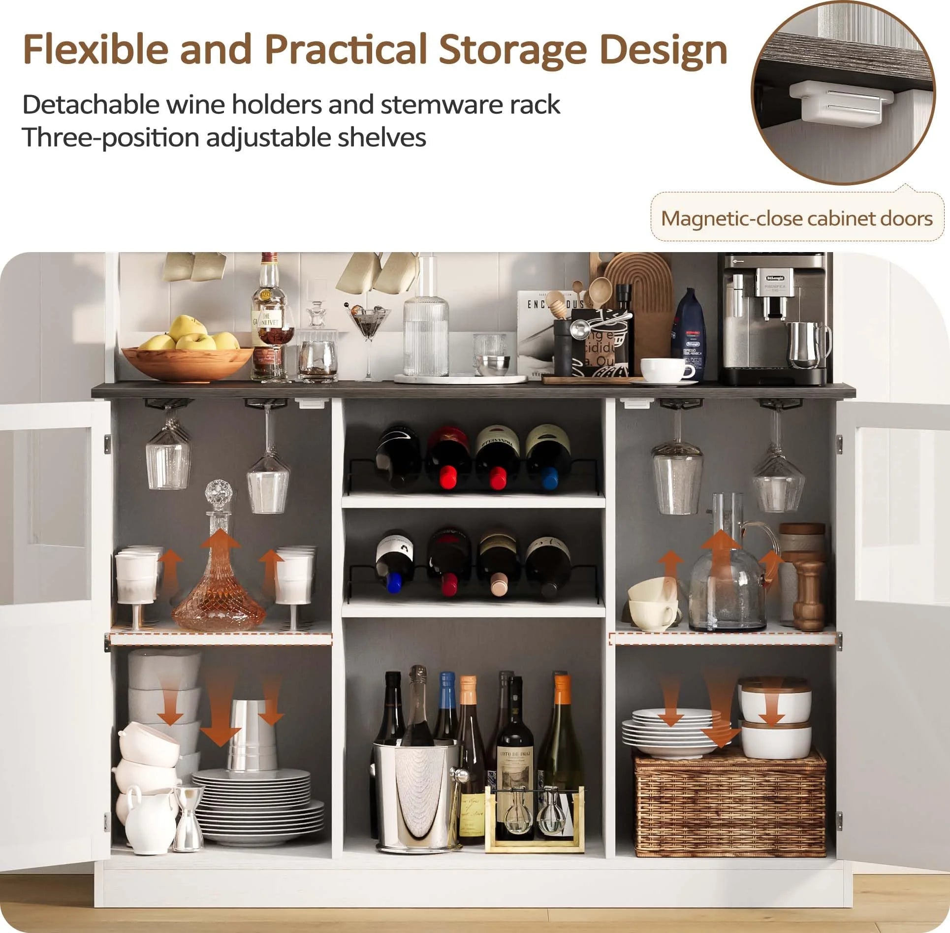 Vividwood Buffet Cabinet with Storage, 47'' Farmhouse Coffee Bar Cabinet with Wine Rack and Glass Goblet Holder, Bar Station Wood Kitchen Table for Dining Room, Living Room, White/Brown