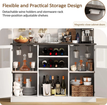 Vividwood Buffet Cabinet with Storage, 47'' Farmhouse Coffee Bar Cabinet with Wine Rack and Glass Goblet Holder, Bar Station Wood Kitchen Table for Dining Room, Living Room, White/Brown