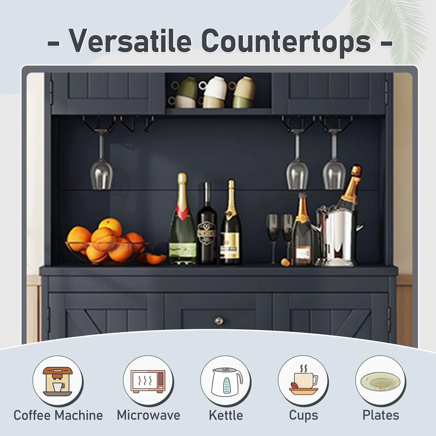 Bellemave 73.8"H Farmhouse Coffee Bar Cabinet with Shelves and Drawers Buffet Cabinet Wine Cabinet with Glass Holder and Wine Rack Tall Kitchen Cabinet for Dining Room, Antique Blue