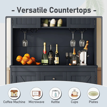 Bellemave 73.8"H Farmhouse Coffee Bar Cabinet with Shelves and Drawers Buffet Cabinet Wine Cabinet with Glass Holder and Wine Rack Tall Kitchen Cabinet for Dining Room, Antique Blue