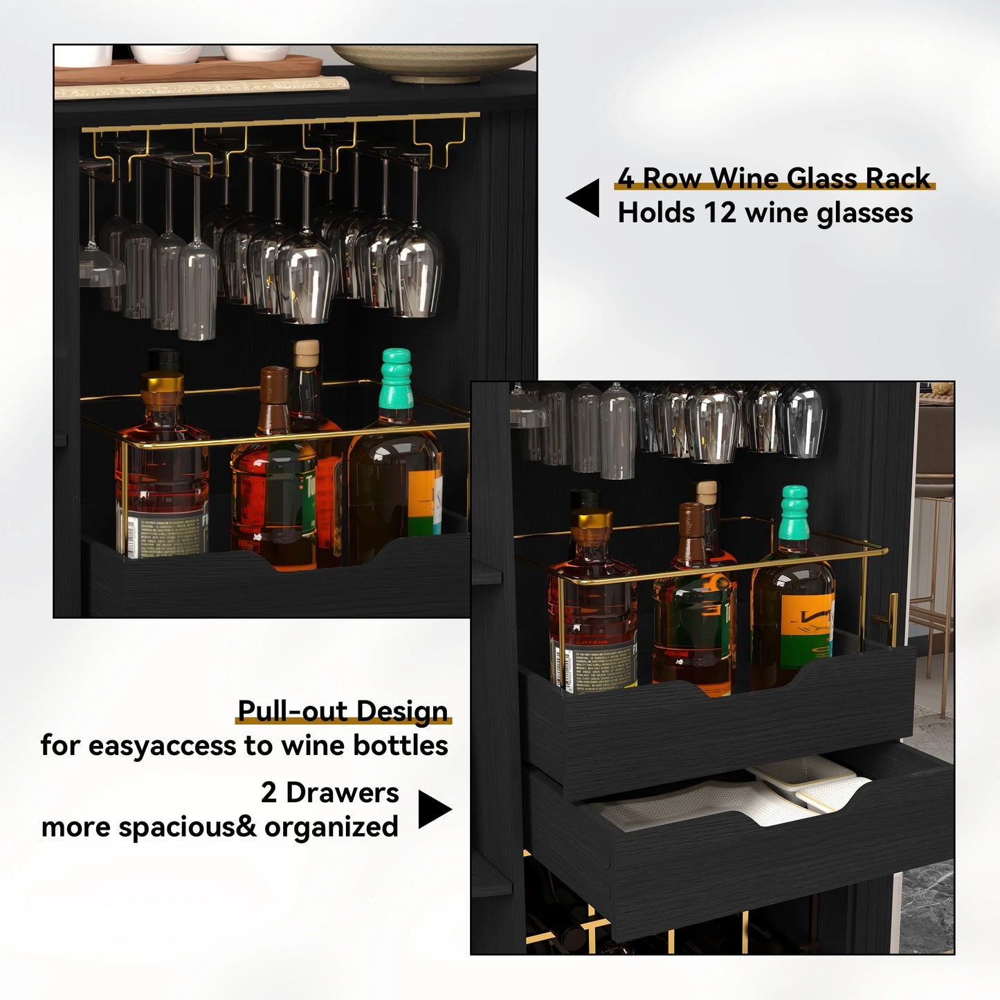 HLR Coffee Bar Cabinet with Tambour Door: Wine Rack, Glass Holder, & Storage Buffet for Home & Living Room Brown