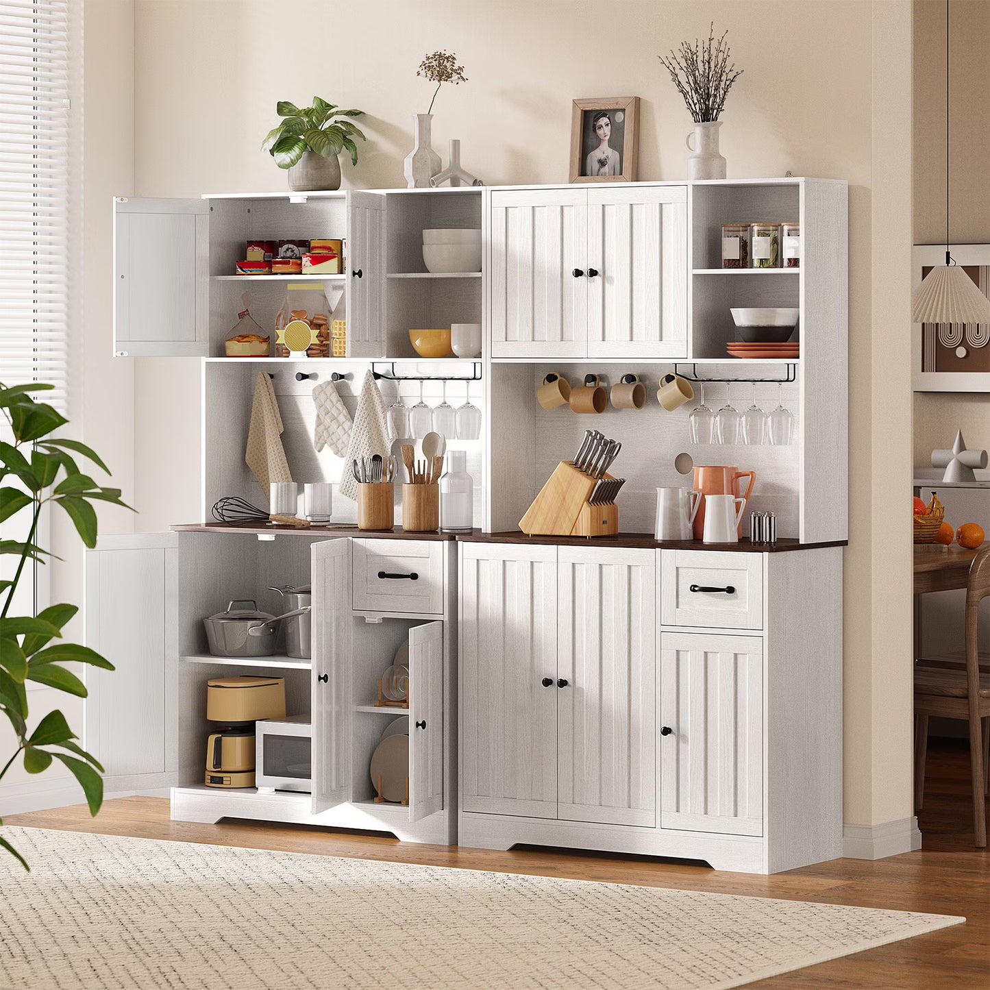 Coffee Bar, 71" Tall Kitchen Pantry Cabinet with Microwave Shelf, 5 Doors, 1 Drawers, 8 shelves, Wine glass rack, 4 Hooks, Cable Management
