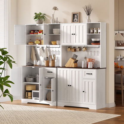 Coffee Bar, 71" Tall Kitchen Pantry Cabinet with Microwave Shelf, 5 Doors, 1 Drawers, 8 shelves, Wine glass rack, 4 Hooks, Cable Management
