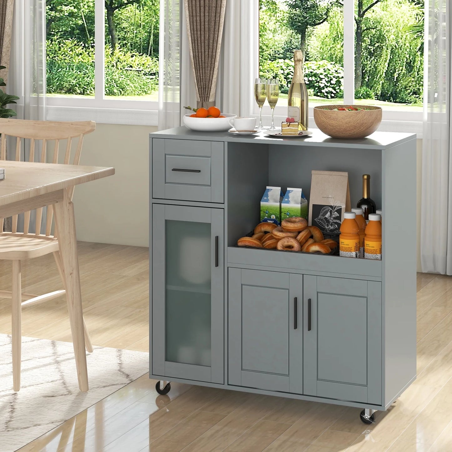 Topbuy Rolling Kitchen Island with Wheels Kitchen Cartwith Drawer and Glass Door Cabinet