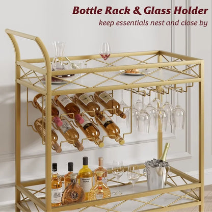 Gold Bar Cart for the Home, 2 Tier Bar Carts with Wheels & Wine Rack & Glass Holder for Living Room, Dining Room