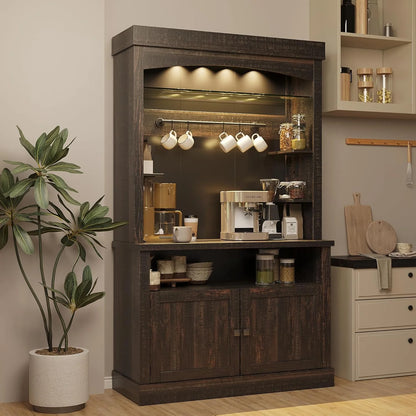 Homhougo Coffee Bar Cabinet with LED Lights, 72" Tall Buffet Cabinet with Storage, Farmhouse Kitchen Sideboard, Microwave Stand, Wine Rack, Glass Shelf, Kitchen & Dining Room Furniture, Dark Oak
