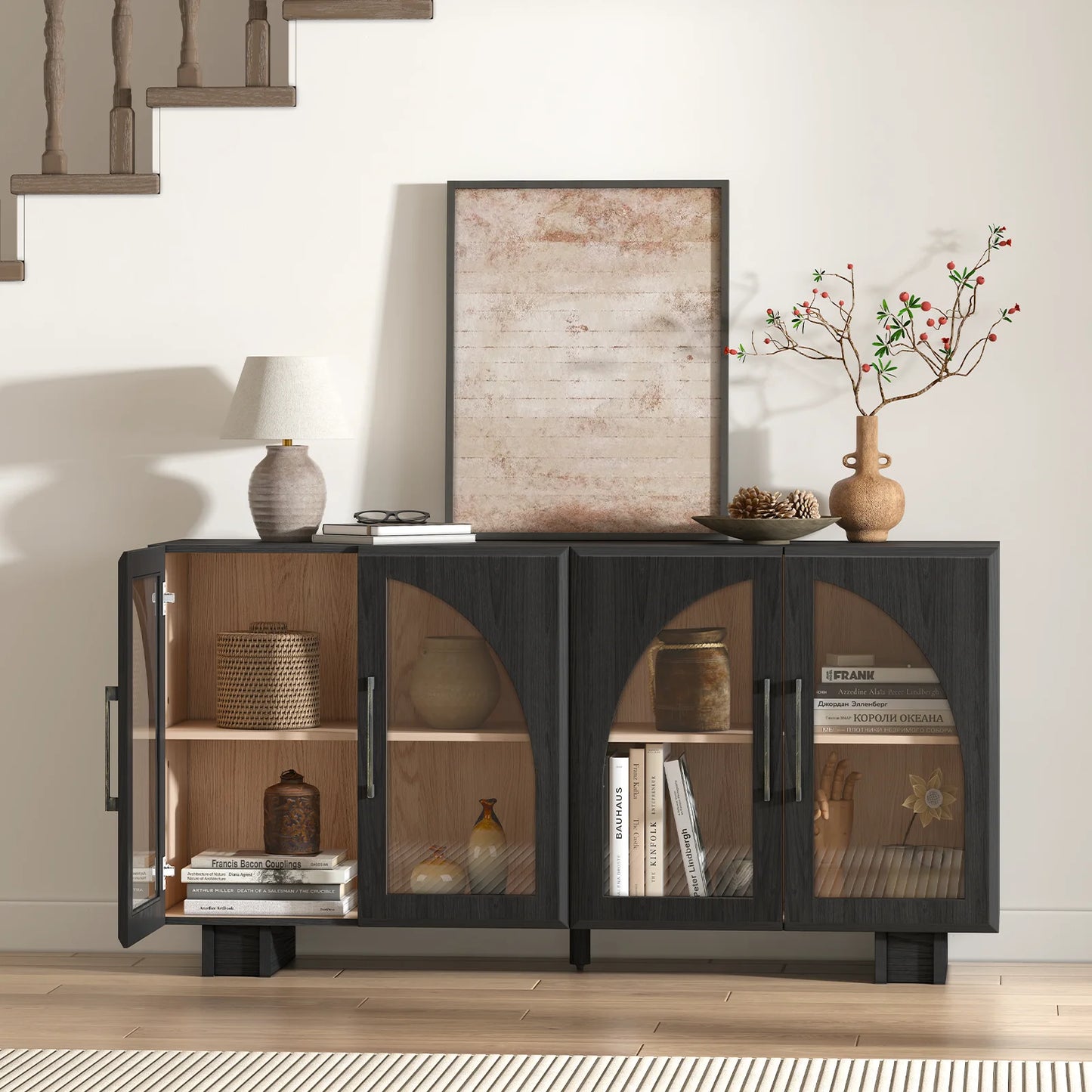 JOINICE Modern Accent Cabinet with Adjustable Shelves and Arched Glass Door,Buffet Cabinet with Storage,for Living Room,Dining Room,Entryway,Hallway,Black