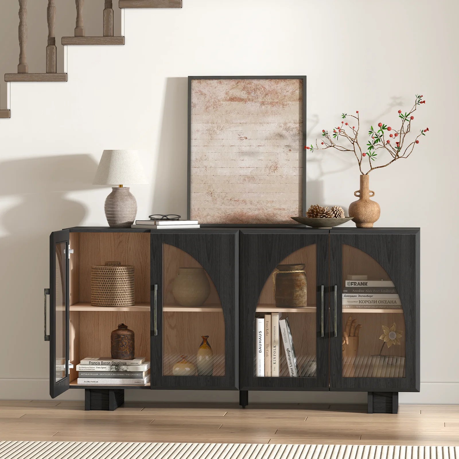JOINICE Modern Accent Cabinet with Adjustable Shelves and Arched Glass Door,Buffet Cabinet with Storage,for Living Room,Dining Room,Entryway,Hallway,Black