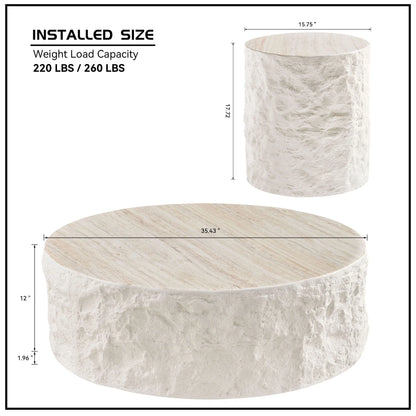 35.43''Fiberglass Round Center Coffee Table Set for Living Room Vintage Table,Imitation Stone Table front of the Sofa,Modern Design Coffee Table for Office,Apartment,No Need Assembly