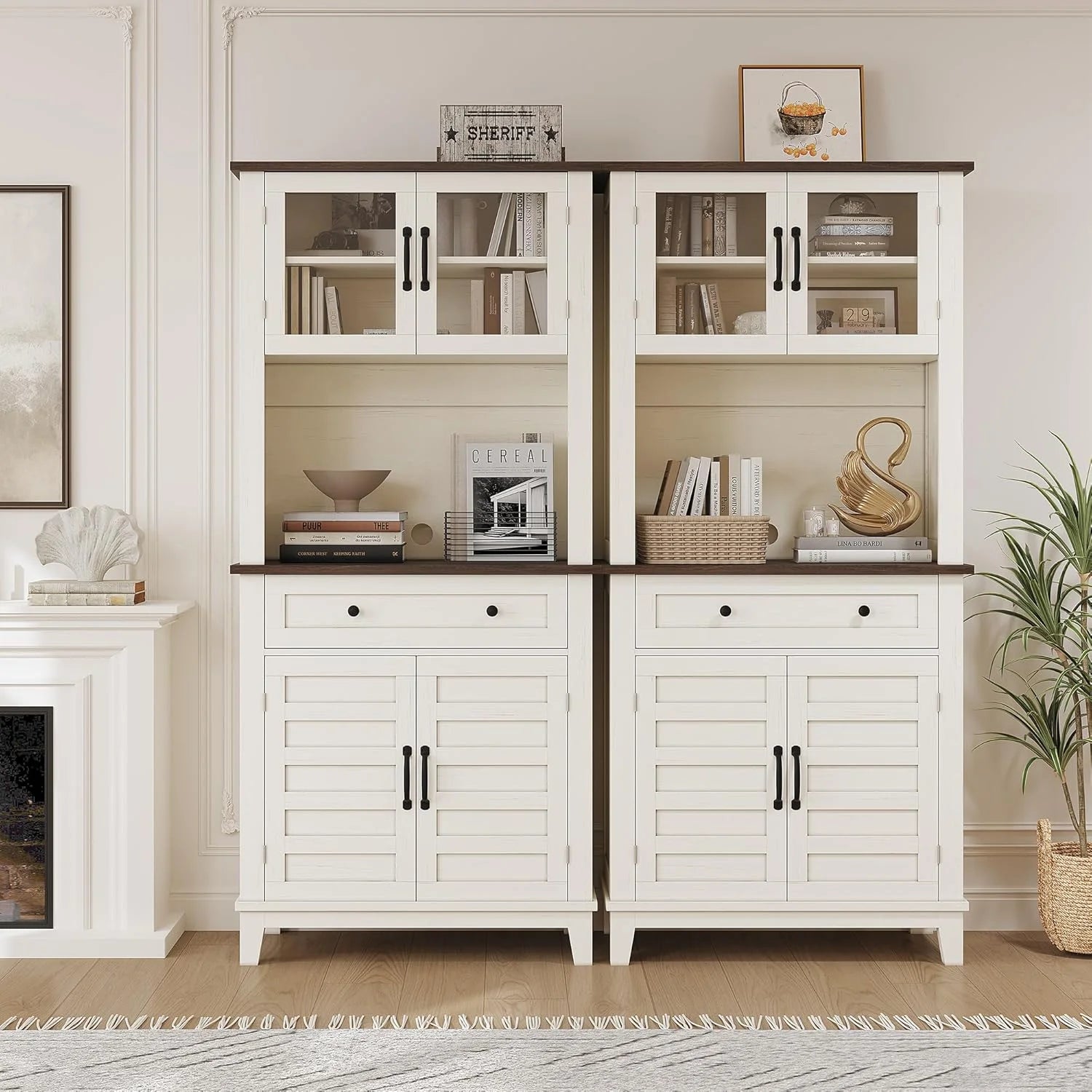 72" White Farmhouse Coffee Bar Cabinet with Storage Drawers & Glass Doors - Kitchen Storage Buffet for Dining Room, Beverage Organizer