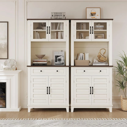 72" White Farmhouse Coffee Bar Cabinet with Storage Drawers & Glass Doors - Kitchen Storage Buffet for Dining Room, Beverage Organizer